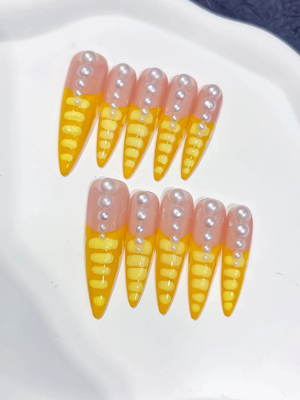 Nude Yellow White French tip Pearl press on nails detail view