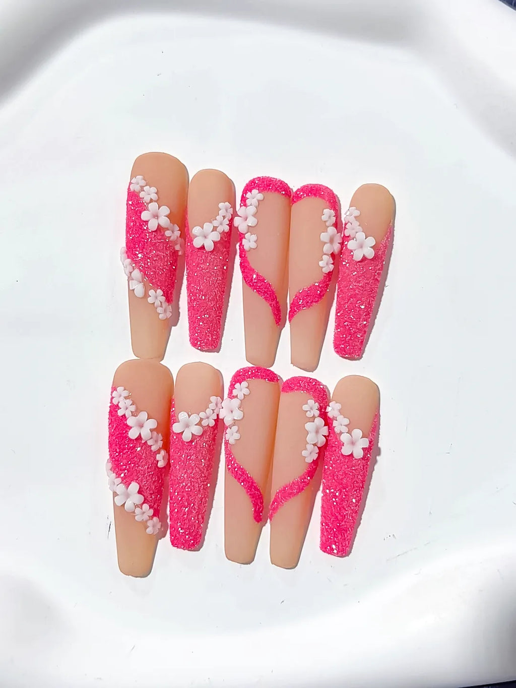 Nude Pink White Glitter Flower 3D press on nails close up