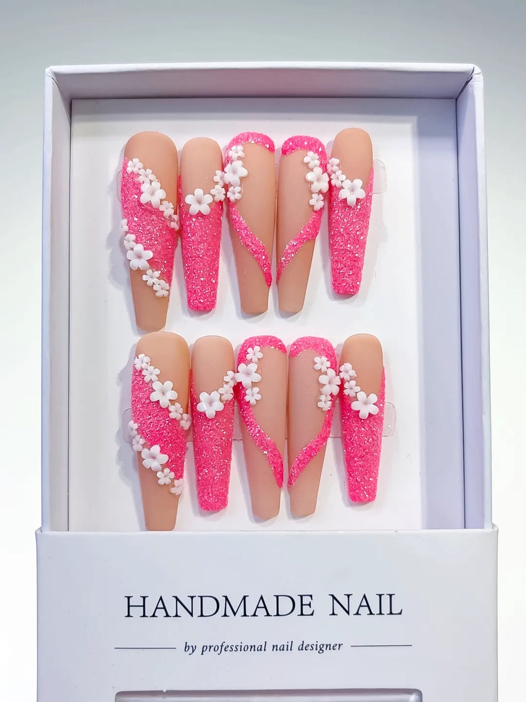 Nude Pink White Glitter Flower 3D press on nails full set view