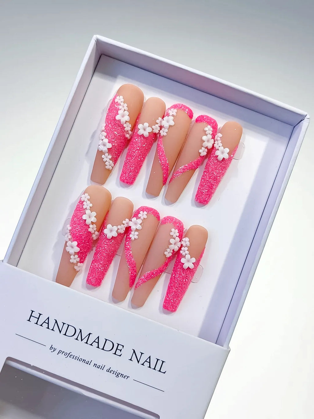 Nude Pink White Glitter Flower 3D press on nails