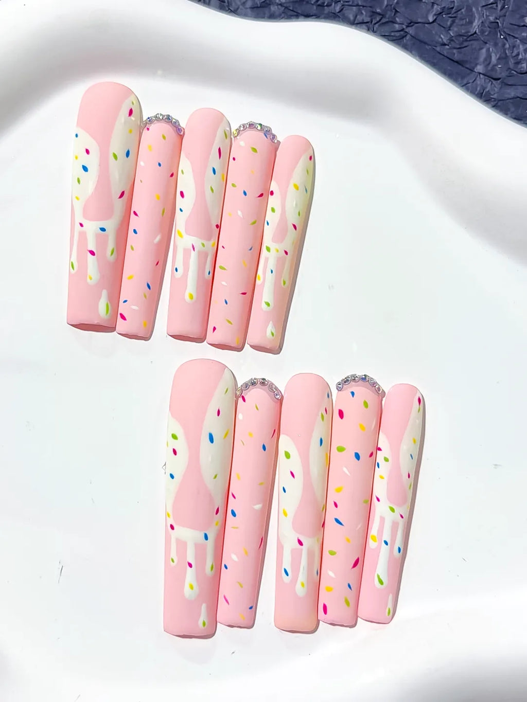 Pink White Yellow Blue Green Abstract Dot Pattern Rhinestone press on nails detail view