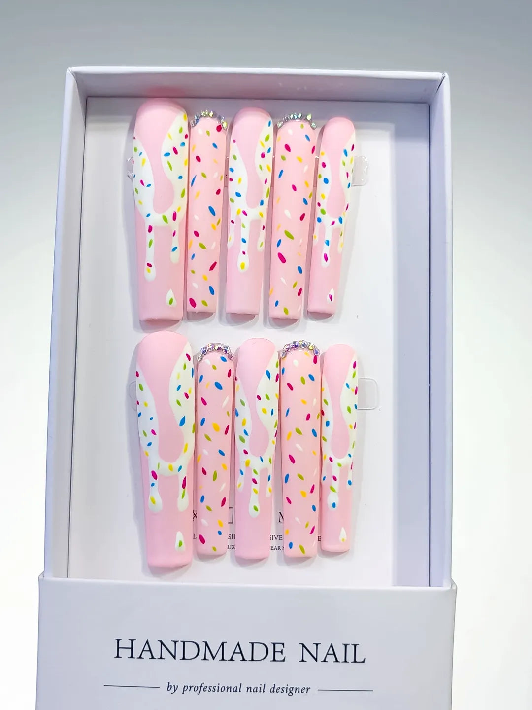 Pink White Yellow Blue Green Abstract Dot Pattern Rhinestone press on nails full set view