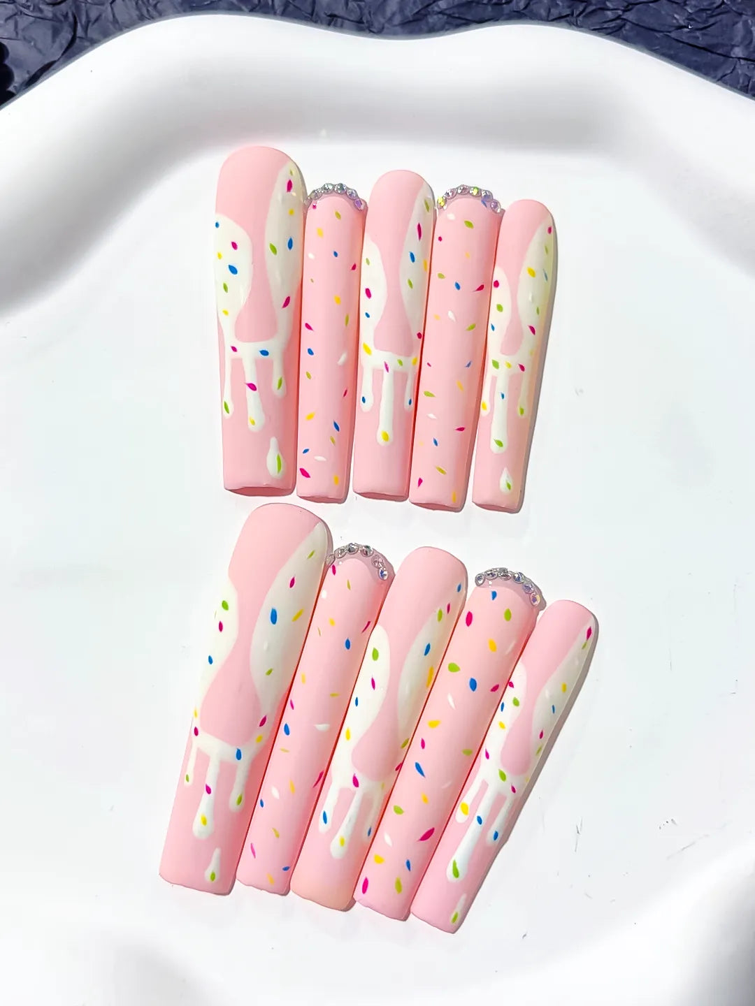 Pink White Yellow Blue Green Abstract Dot Pattern Rhinestone press on nails close up