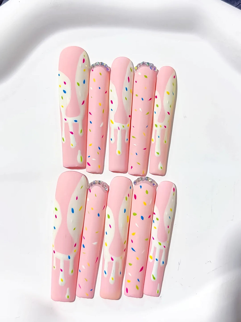 Pink White Yellow Blue Green Abstract Dot Pattern Rhinestone press on nails detail view