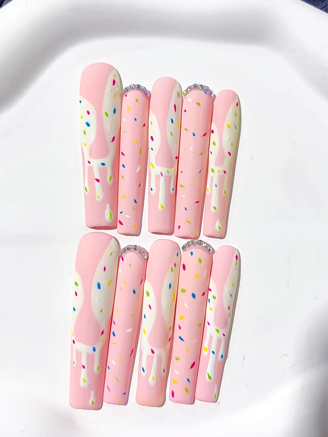 Pink White Yellow Blue Green Abstract Dot Pattern Rhinestone press on nails detail view