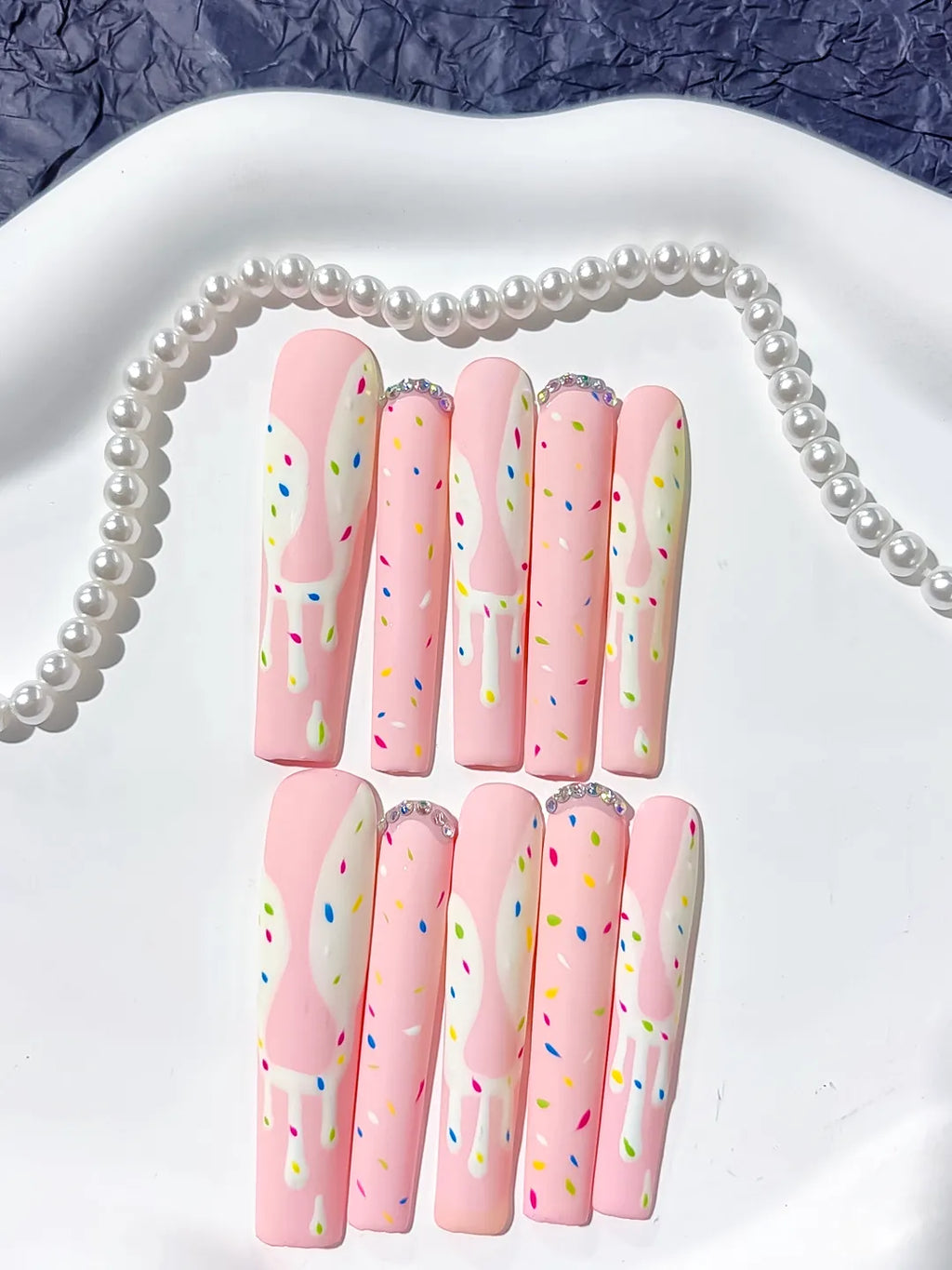 Pink White Yellow Blue Green Abstract Dot Pattern Rhinestone press on nails detail view