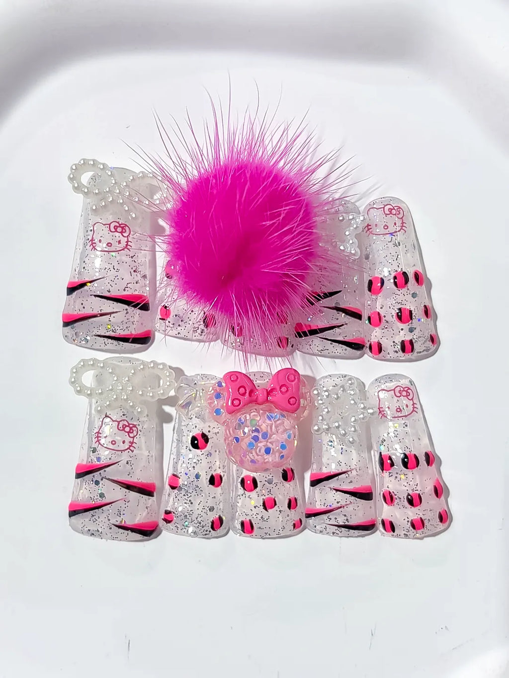 White Pink Black Silver Glitter Hello Kitty Bow Rhinestone 3D press on nails detail view