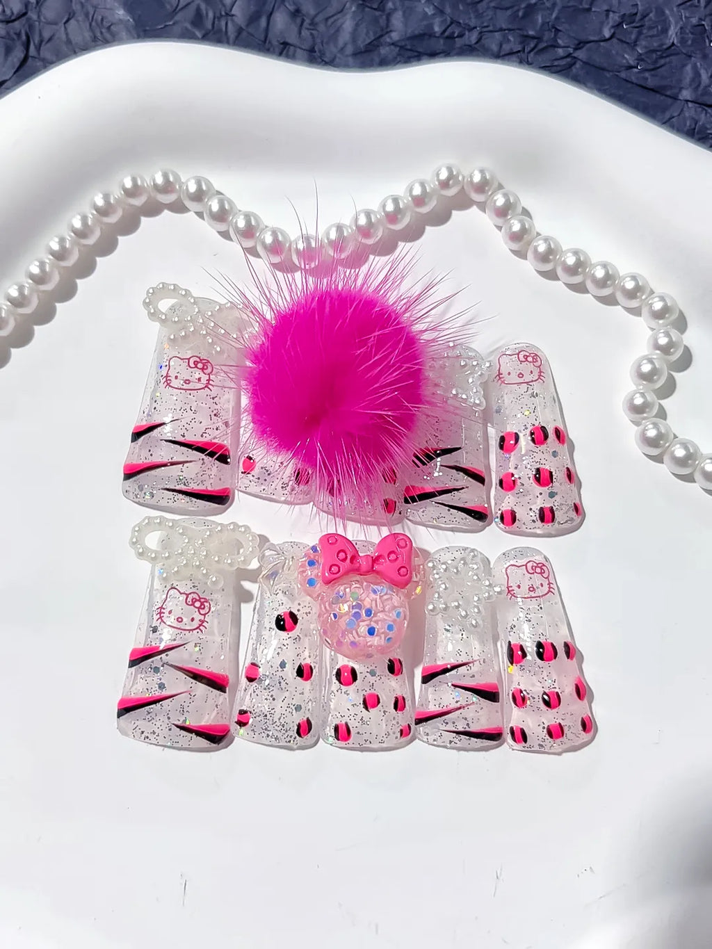White Pink Black Silver Glitter Hello Kitty Bow Rhinestone 3D press on nails close up