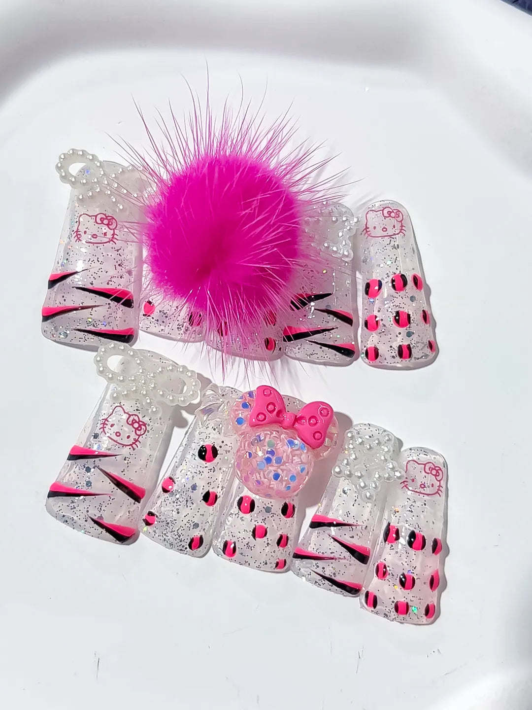 White Pink Black Silver Glitter Hello Kitty Bow Rhinestone 3D press on nails detail view