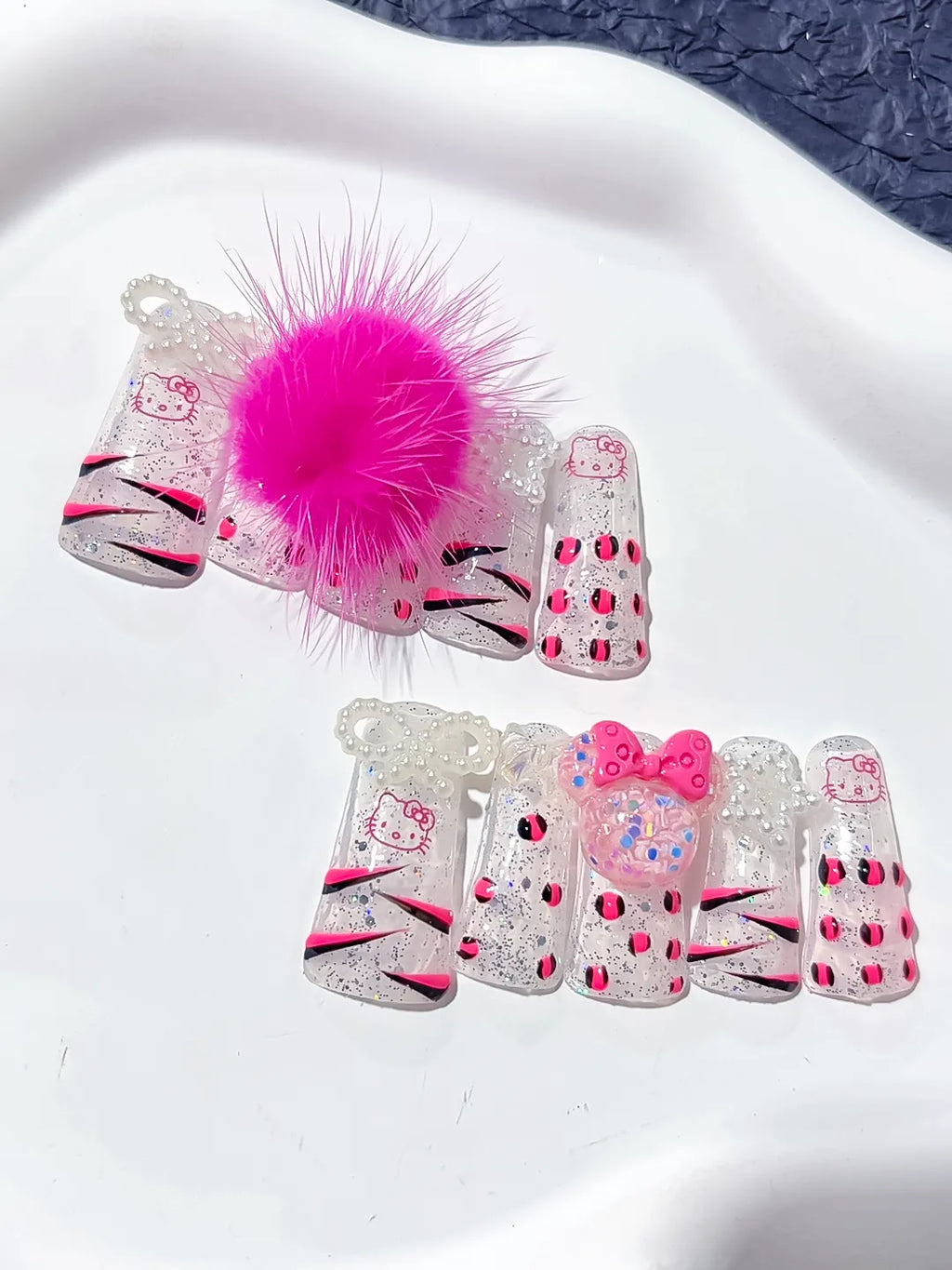 White Pink Black Silver Glitter Hello Kitty Bow Rhinestone 3D press on nails detail view