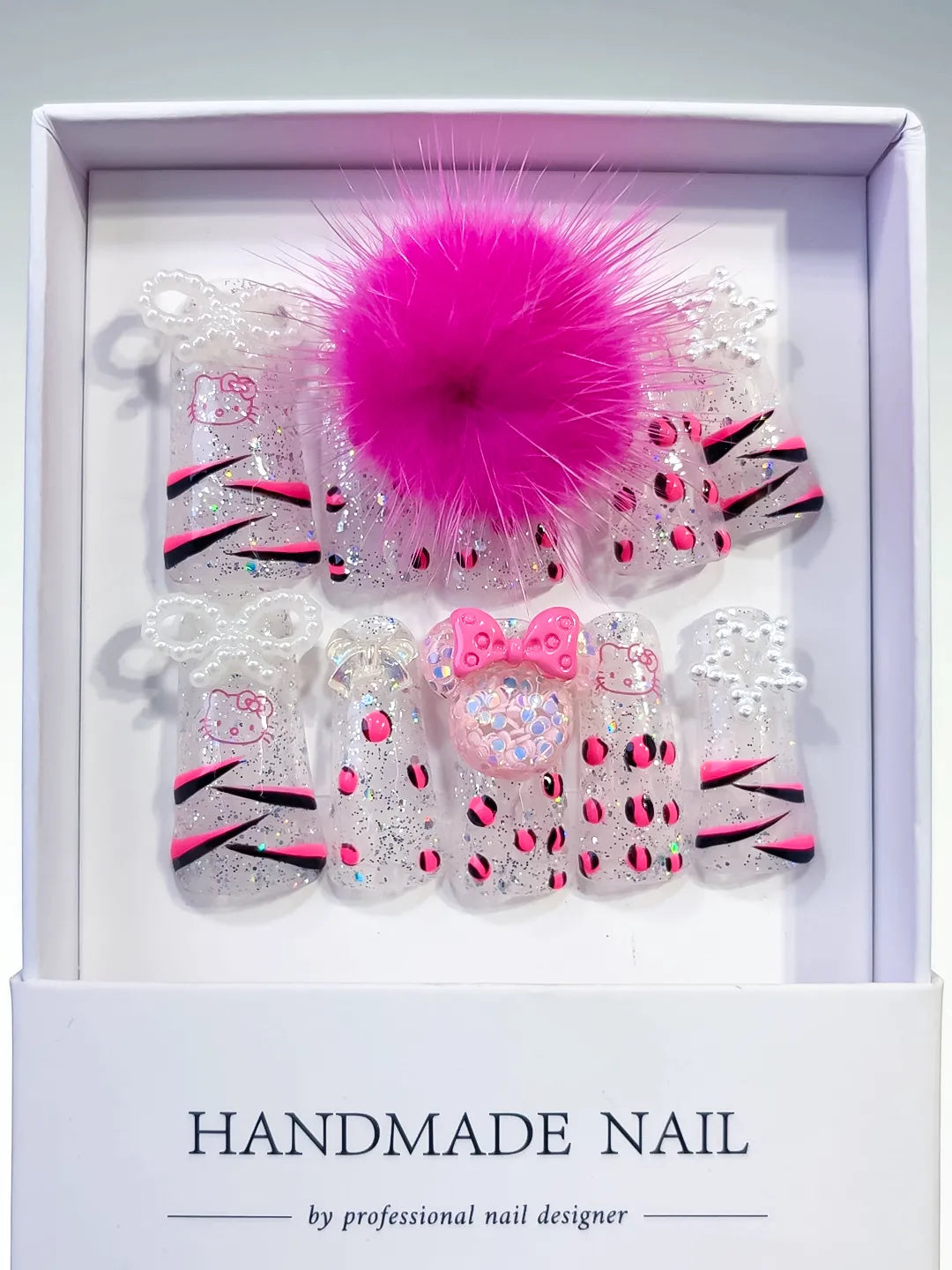 White Pink Black Silver Glitter Hello Kitty Bow Rhinestone 3D press on nails full set view