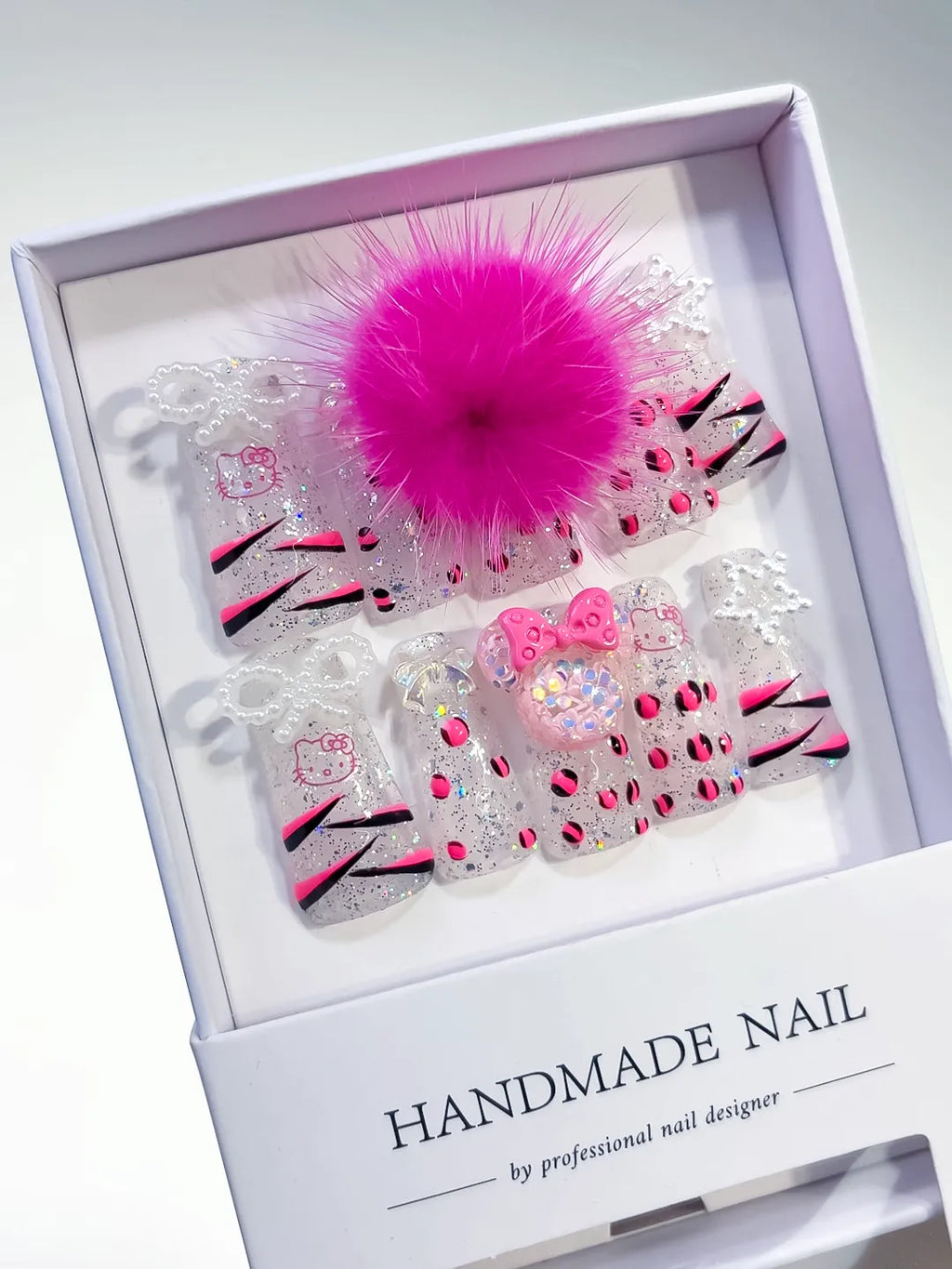 White Pink Black Silver Glitter Hello Kitty Bow Rhinestone 3D press on nails angled view