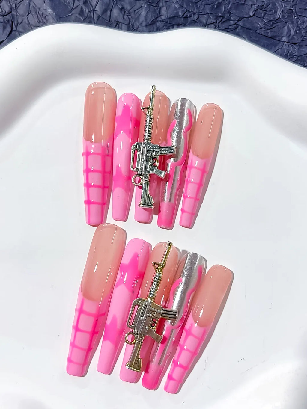 Nude Pink Silver Abstract Metallic Charm press on nails detail view