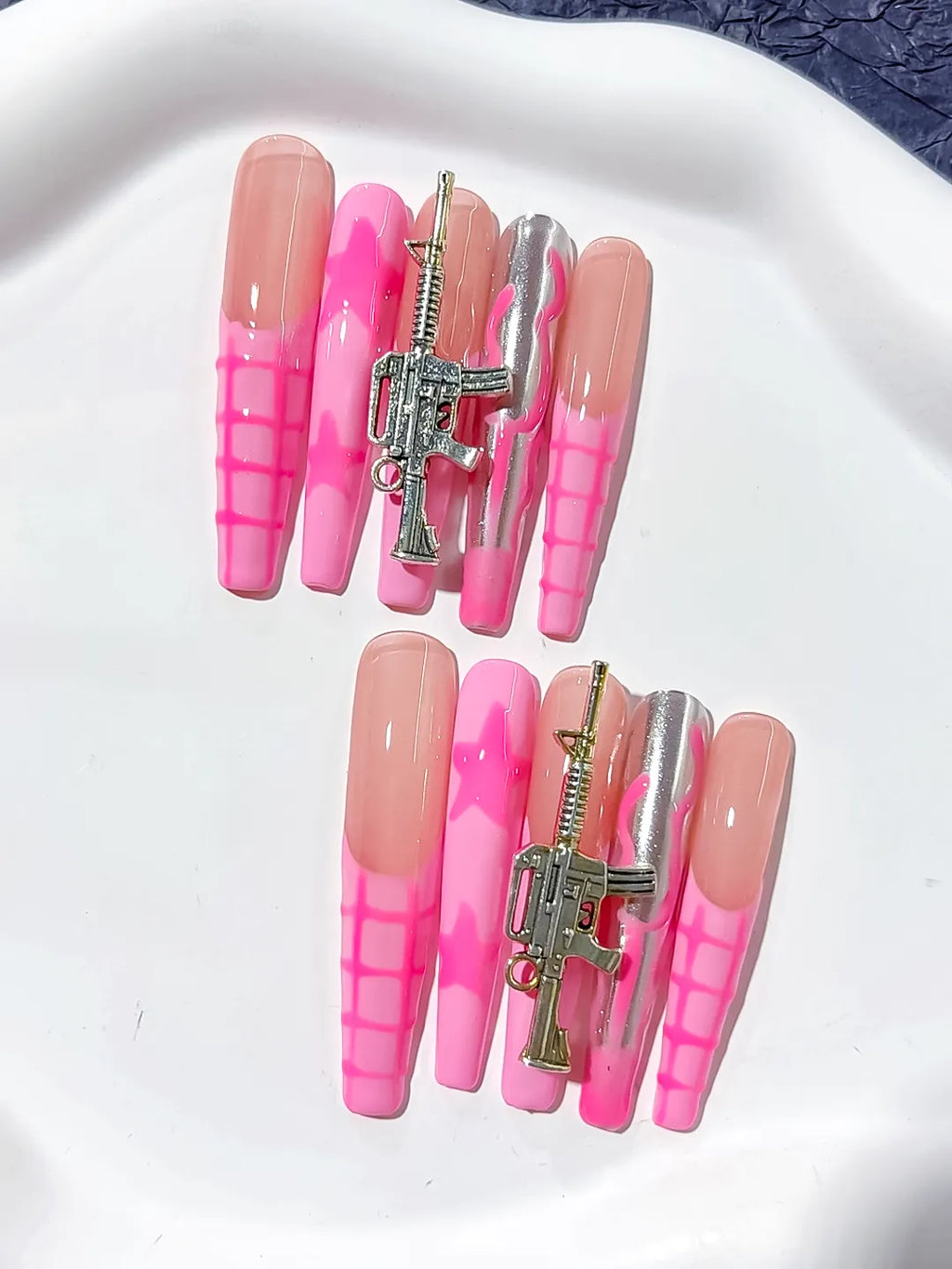 Nude Pink Silver Abstract Metallic Charm press on nails close up