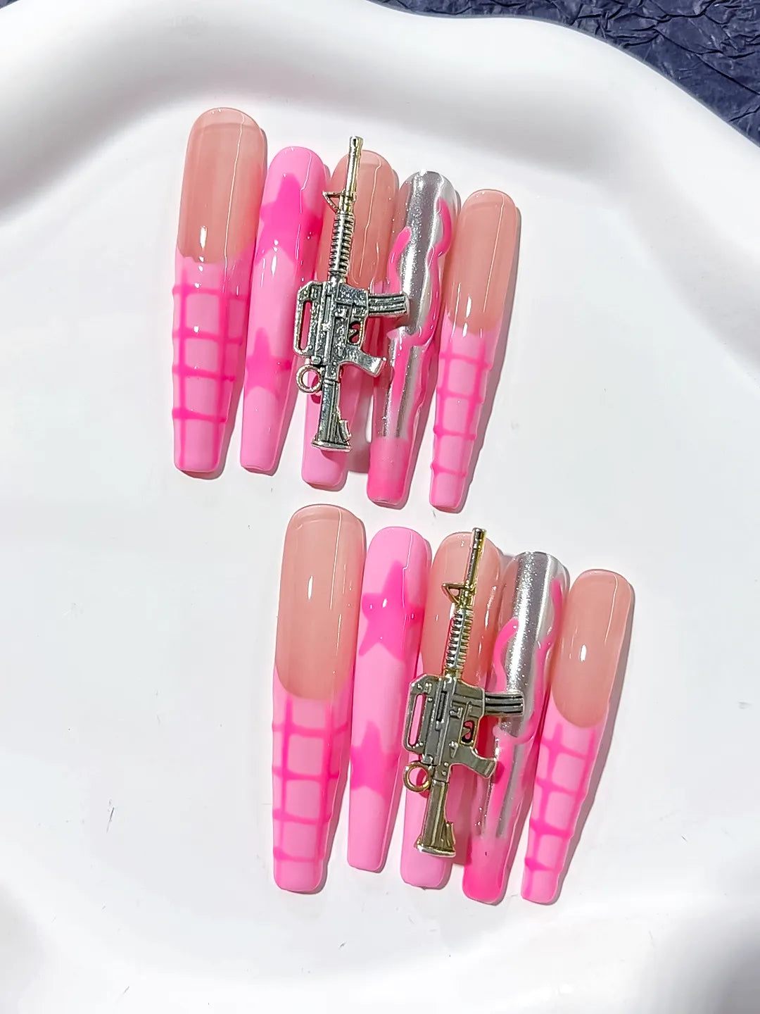 Nude Pink Silver Abstract Metallic Charm press on nails close up