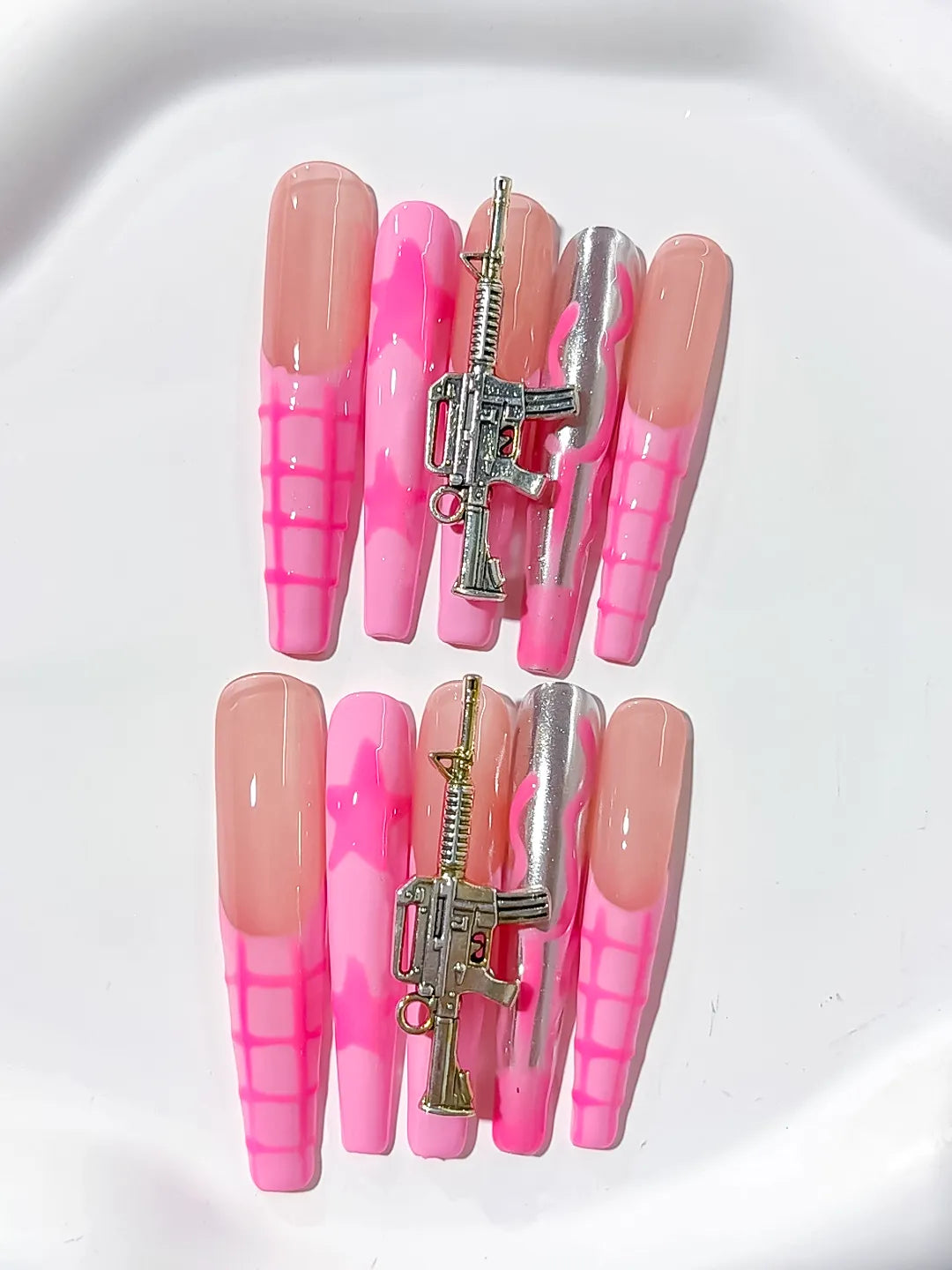 Nude Pink Silver Abstract Metallic Charm press on nails detail view