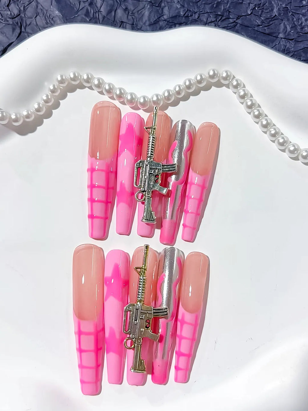 Nude Pink Silver Abstract Metallic Charm press on nails detail view