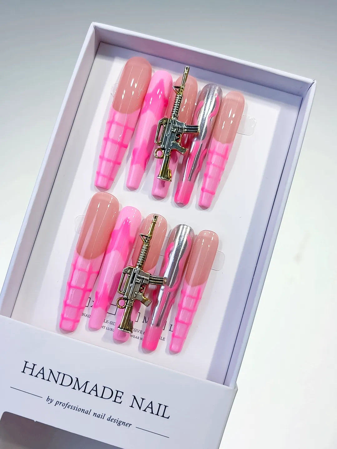 Nude Pink Silver Abstract Metallic Charm press on nails
