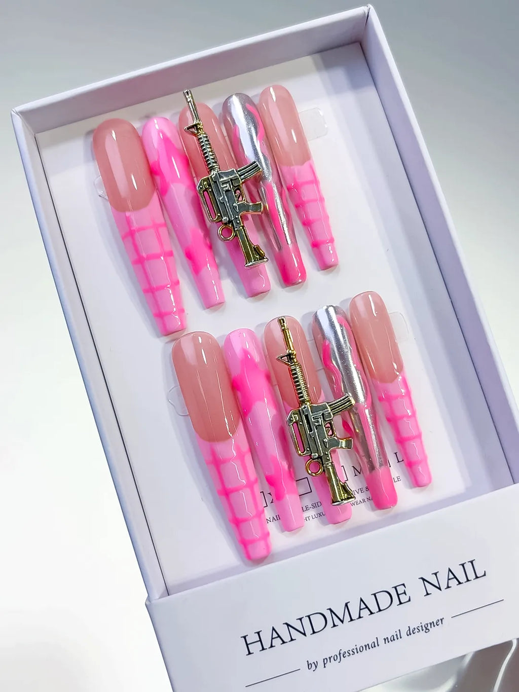 Nude Pink Silver Abstract Metallic Charm press on nails angled view
