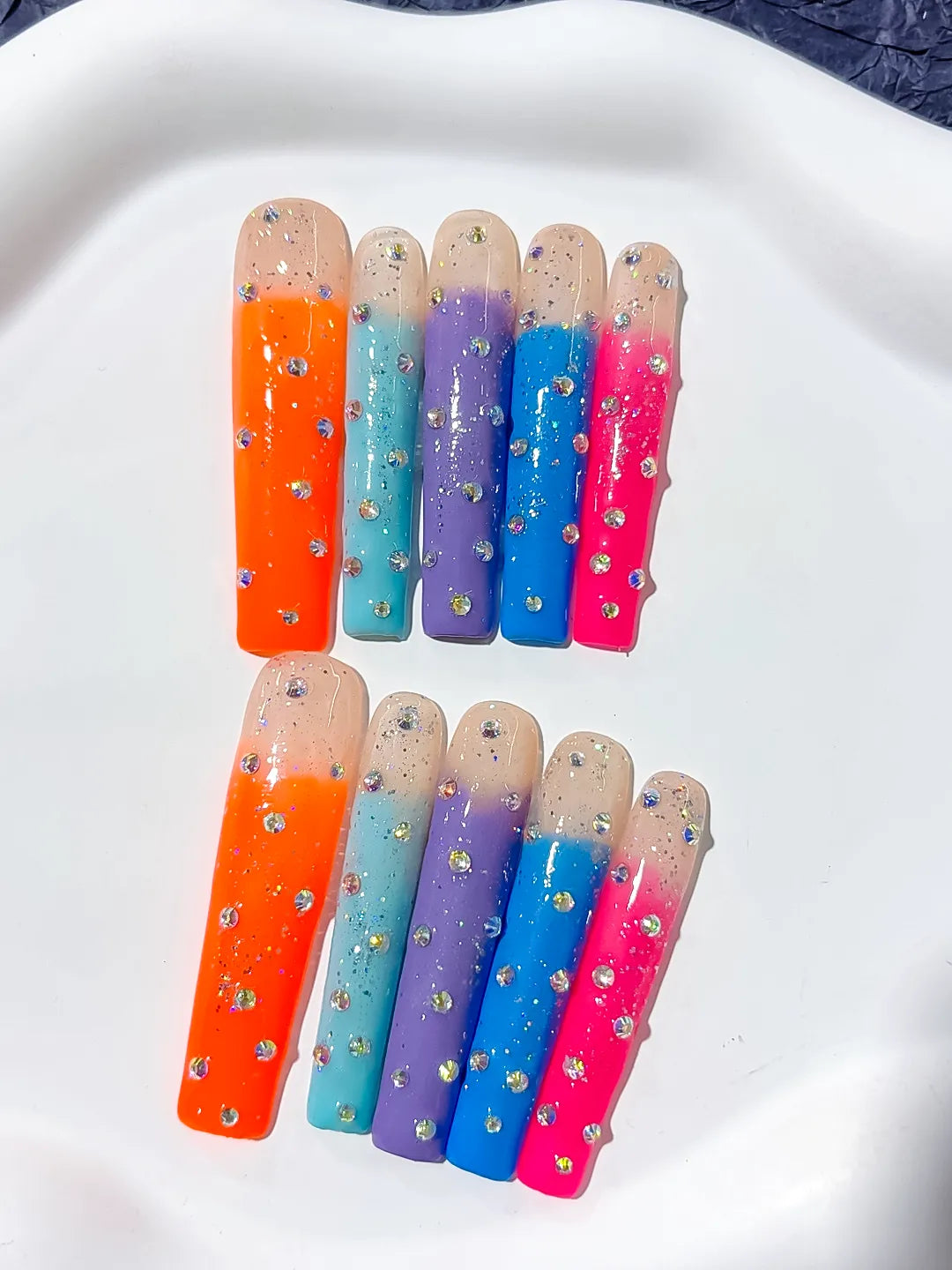 Nude Orange Blue Purple Pink Silver Ombre Glitter Rhinestone press on nails detail view