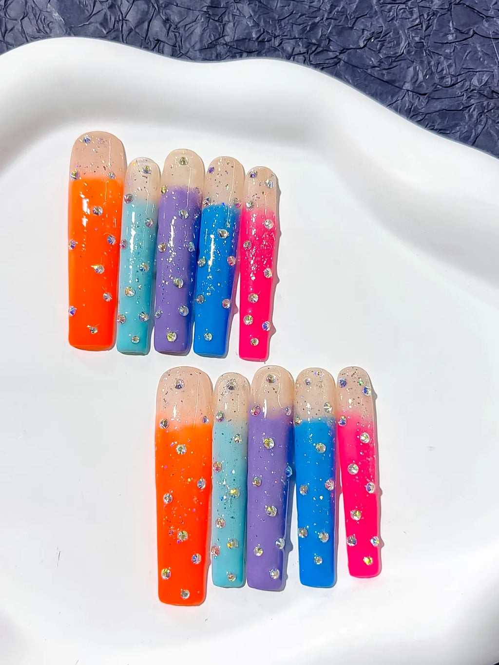 Nude Orange Blue Purple Pink Silver Ombre Glitter Rhinestone press on nails close up