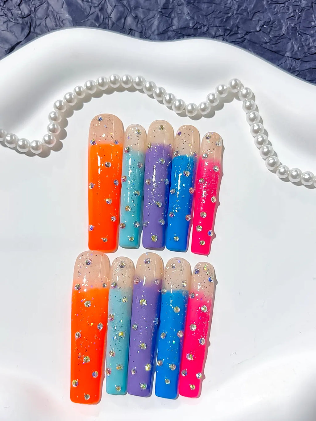 Nude Orange Blue Purple Pink Silver Ombre Glitter Rhinestone press on nails detail view