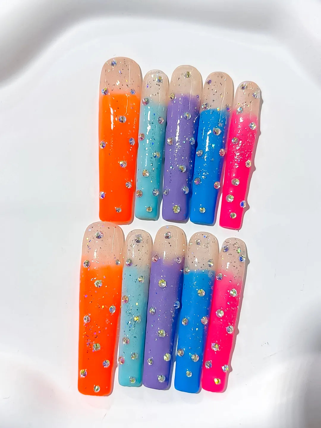Nude Orange Blue Purple Pink Silver Ombre Glitter Rhinestone press on nails detail view