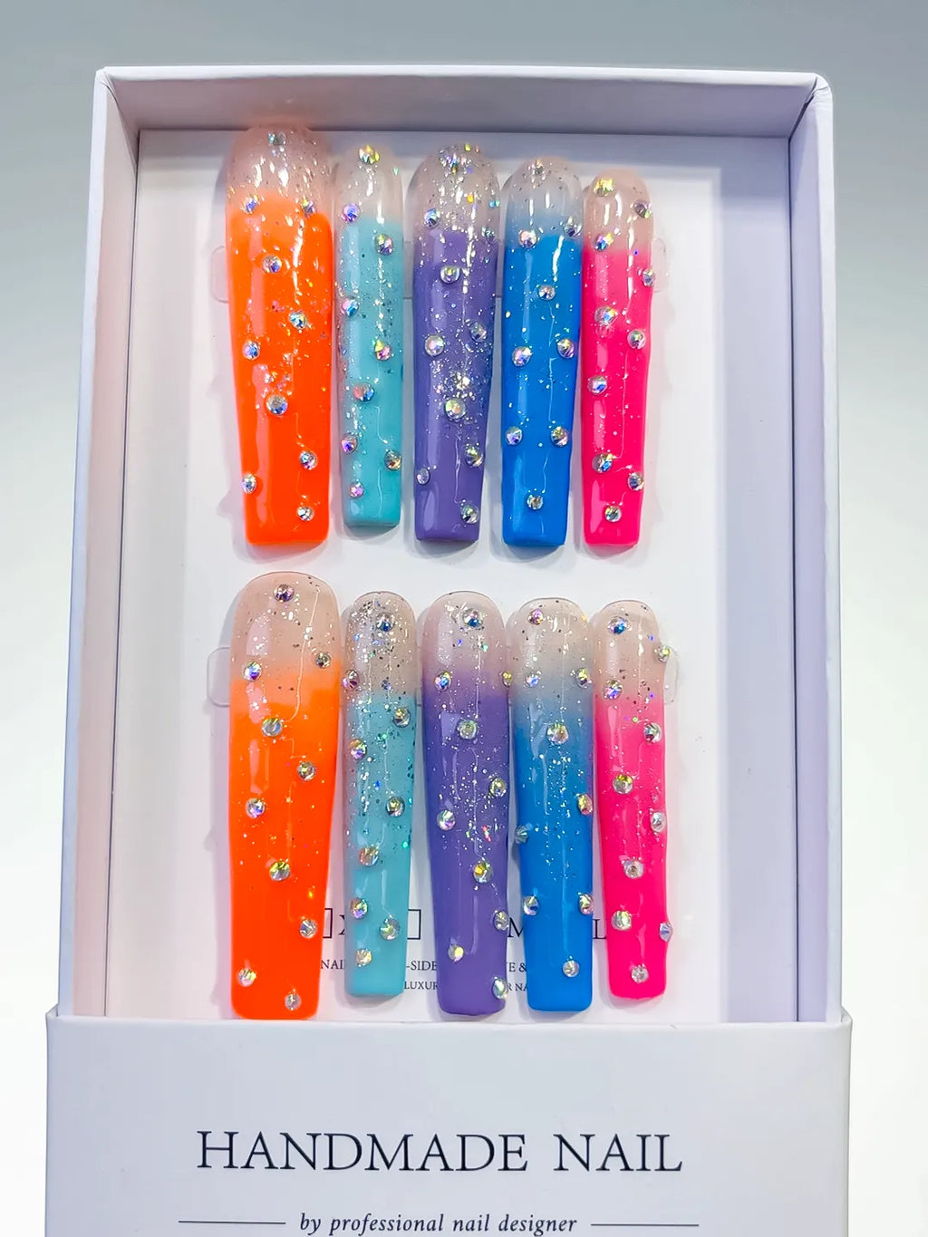 Nude Orange Blue Purple Pink Silver Ombre Glitter Rhinestone press on nails full set view