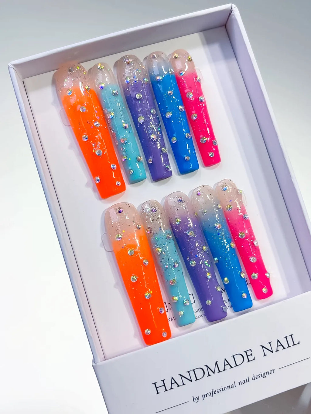 Nude Orange Blue Purple Pink Silver Ombre Glitter Rhinestone press on nails angled view