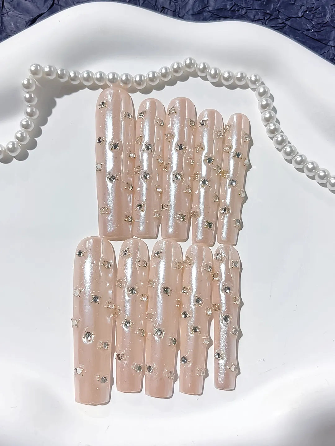 Nude White Silver Holographic Rhinestone press on nails detail view