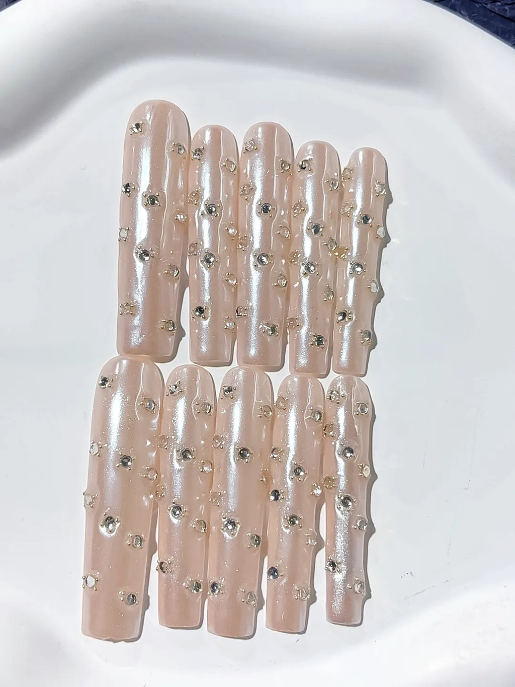 Nude White Silver Holographic Rhinestone press on nails close up