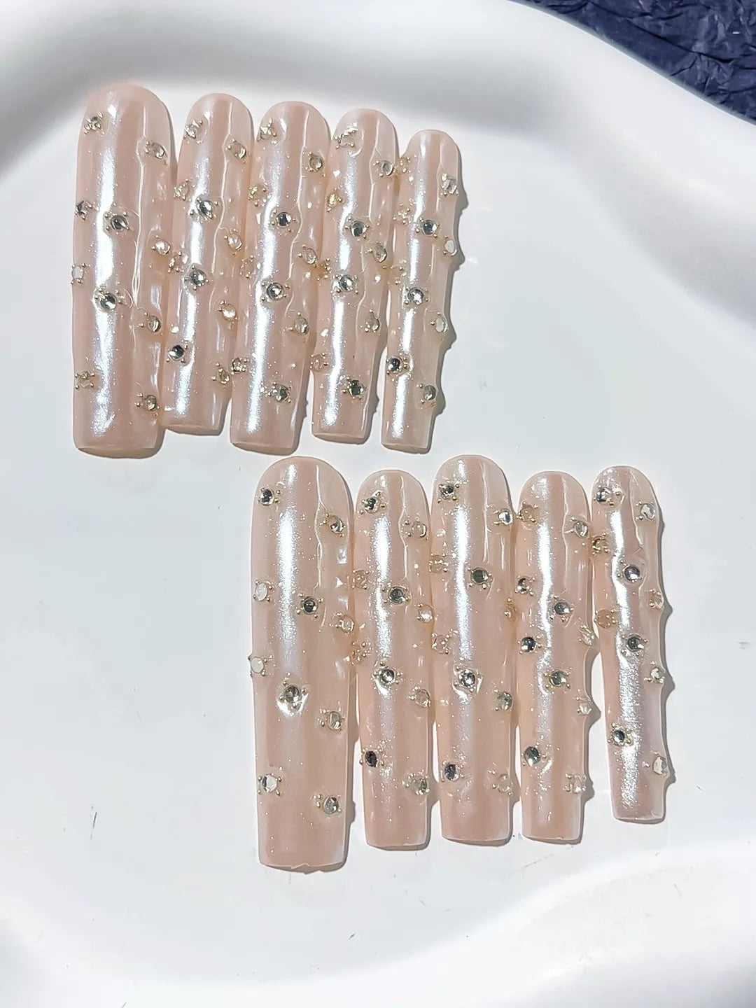 Nude White Silver Holographic Rhinestone press on nails detail view