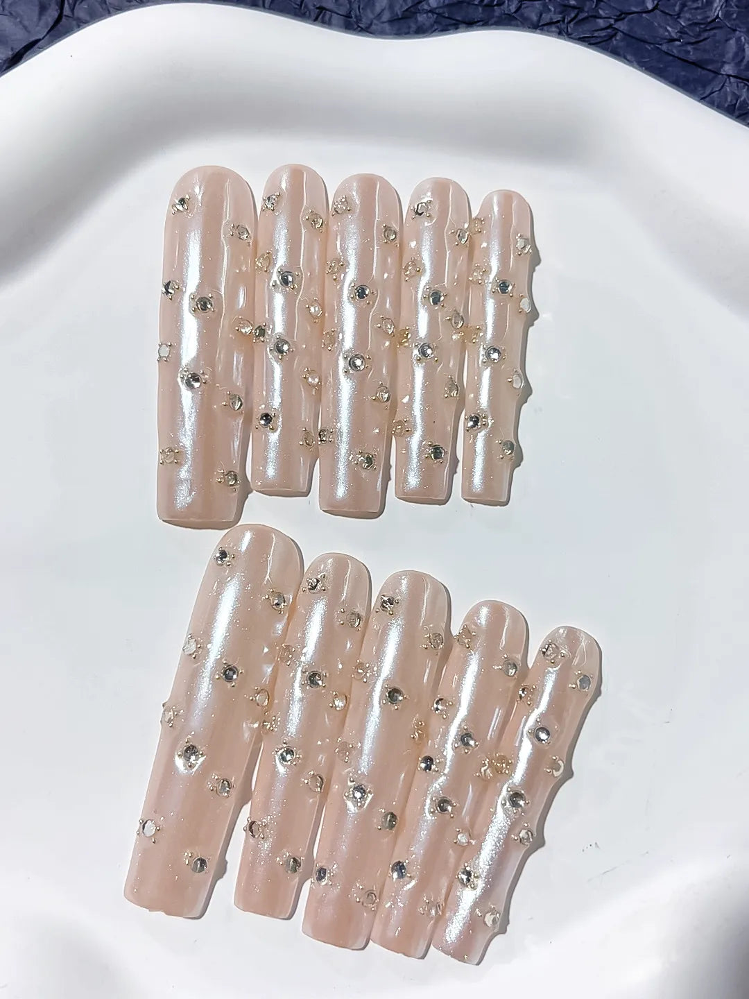 Nude White Silver Holographic Rhinestone press on nails detail view