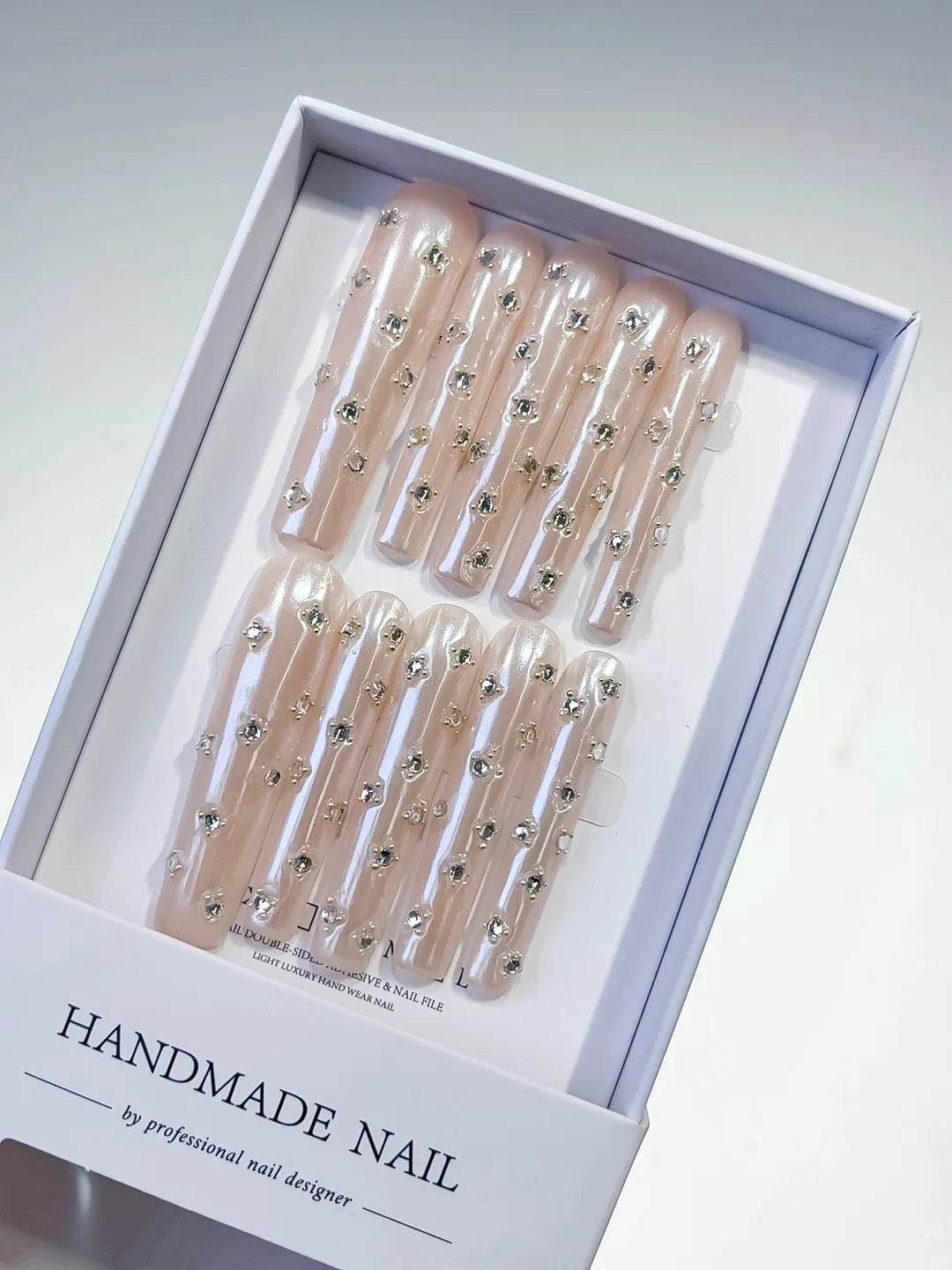 Nude White Silver Holographic Rhinestone press on nails