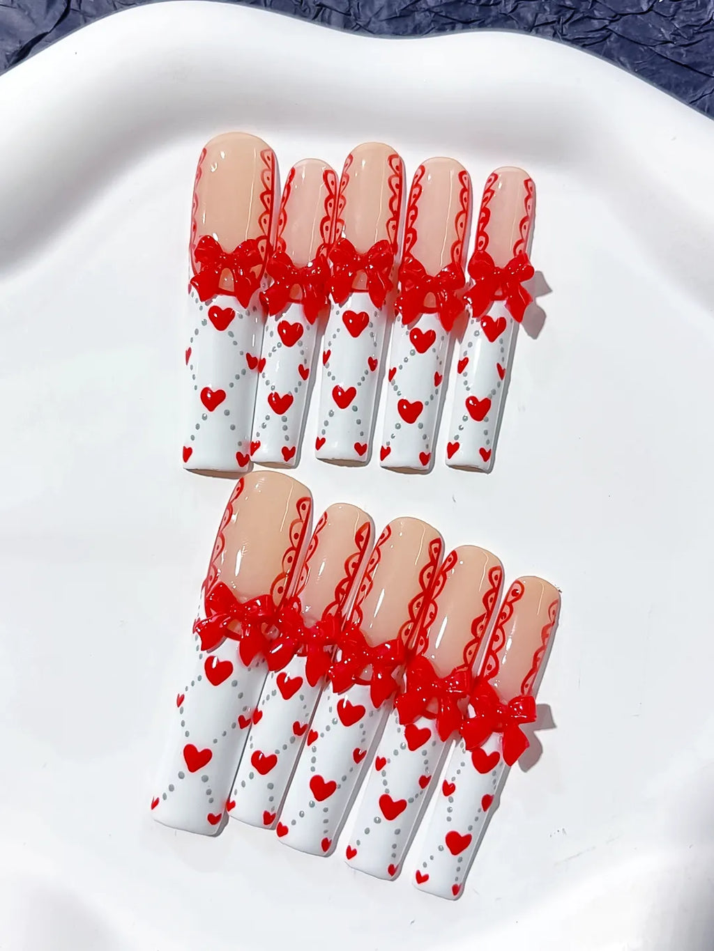 Nude White Red French tip Bow Heart 3D press on nails detail view
