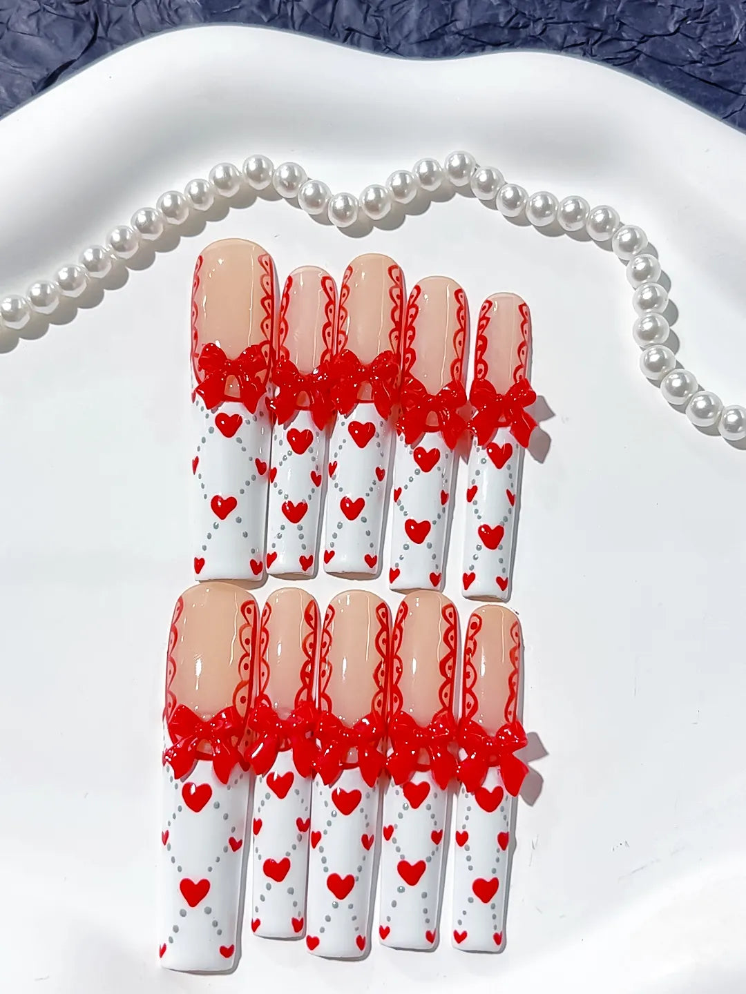 Nude White Red French tip Bow Heart 3D press on nails close up