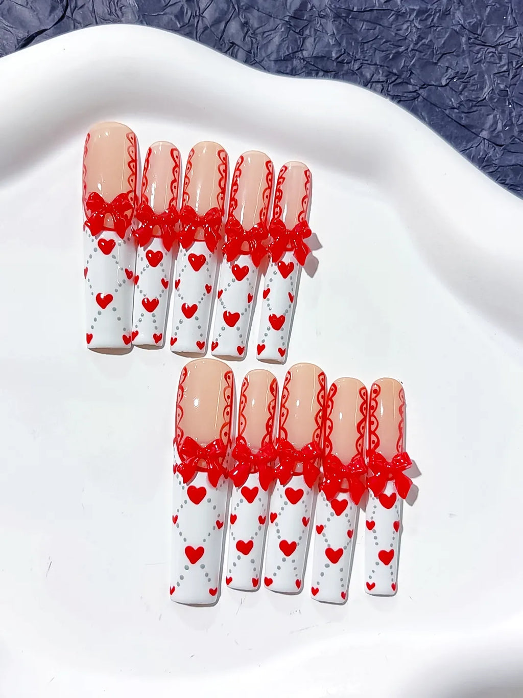 Nude White Red French tip Bow Heart 3D press on nails detail view