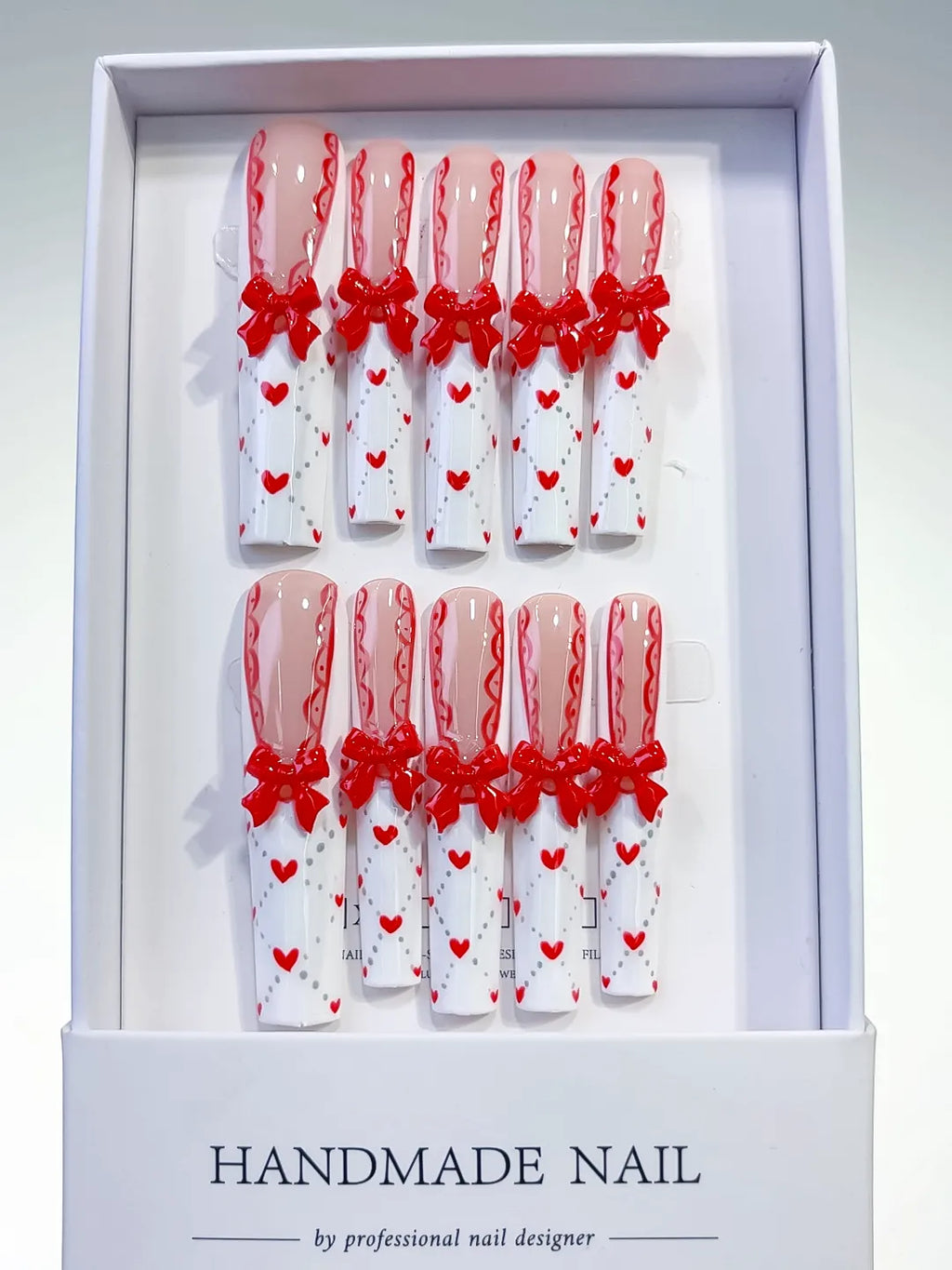 Nude White Red French tip Bow Heart 3D press on nails full set view