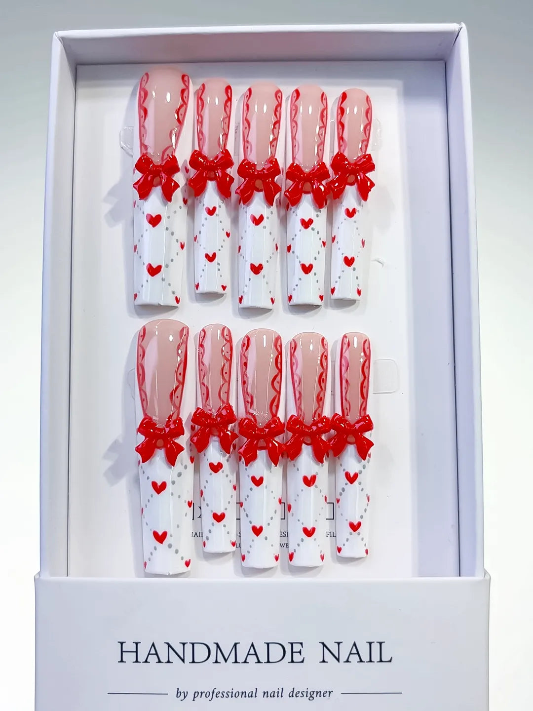 Nude White Red French tip Bow Heart 3D press on nails full set view