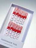 Nude White Red French tip Bow Heart 3D press on nails