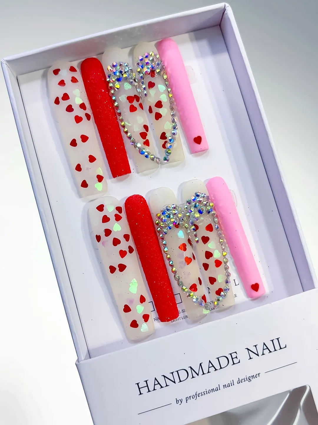 White Red Pink Silver Abstract Heart Rhinestone press on nails angled view