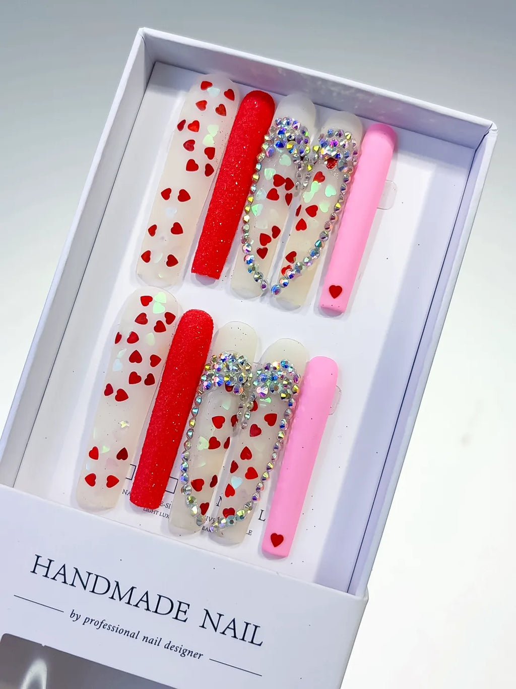 White Red Pink Silver Abstract Heart Rhinestone press on nails