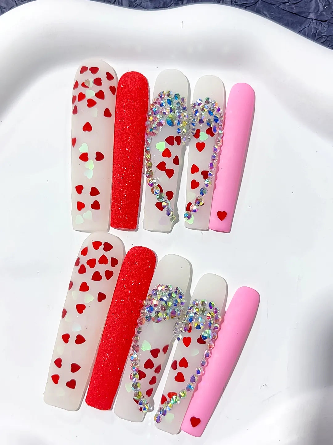White Red Pink Silver Abstract Heart Rhinestone press on nails close up