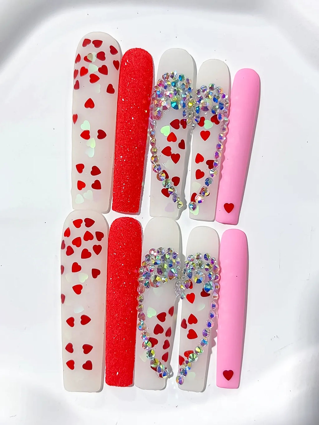 White Red Pink Silver Abstract Heart Rhinestone press on nails detail view