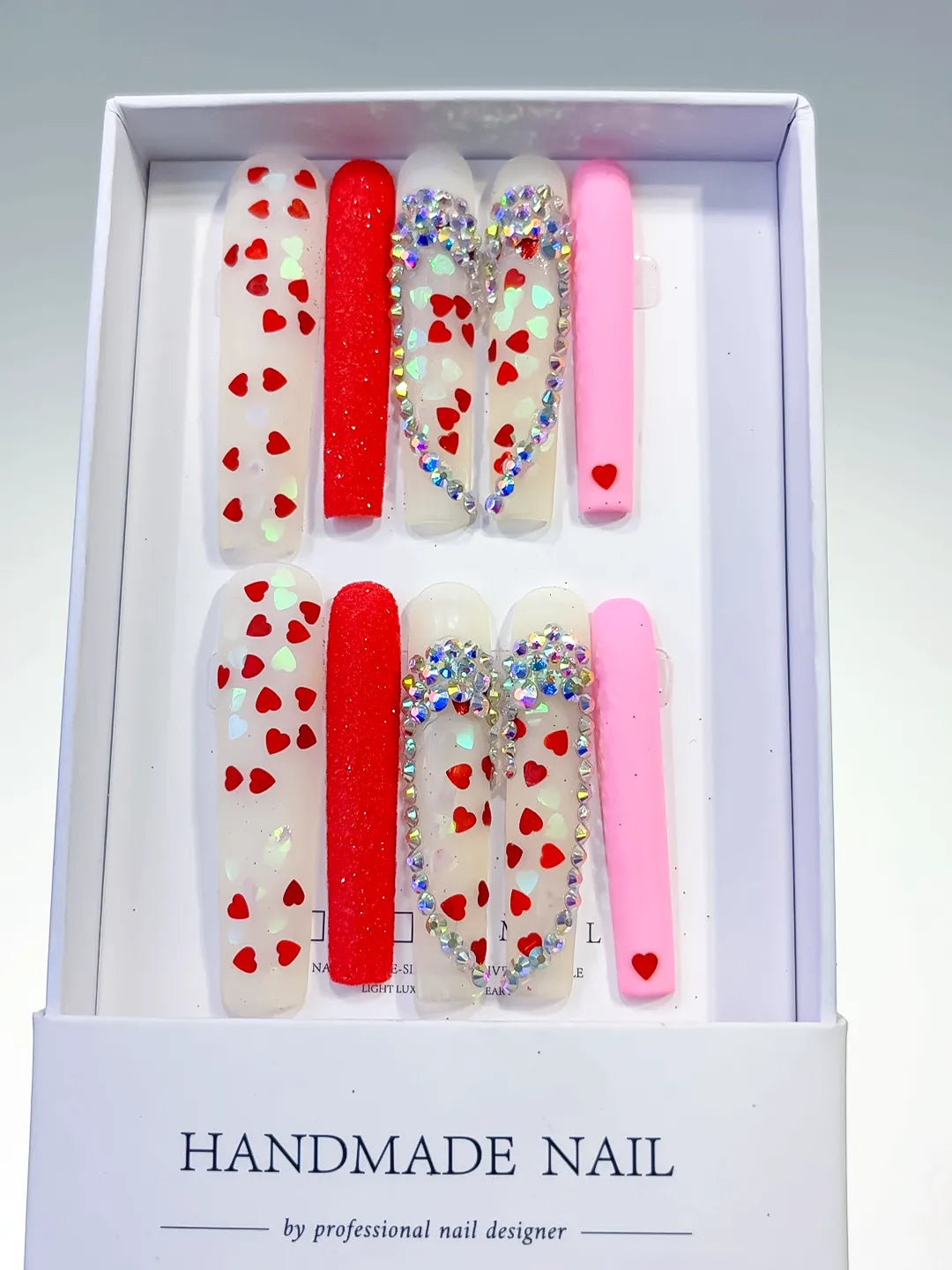 White Red Pink Silver Abstract Heart Rhinestone press on nails full set view