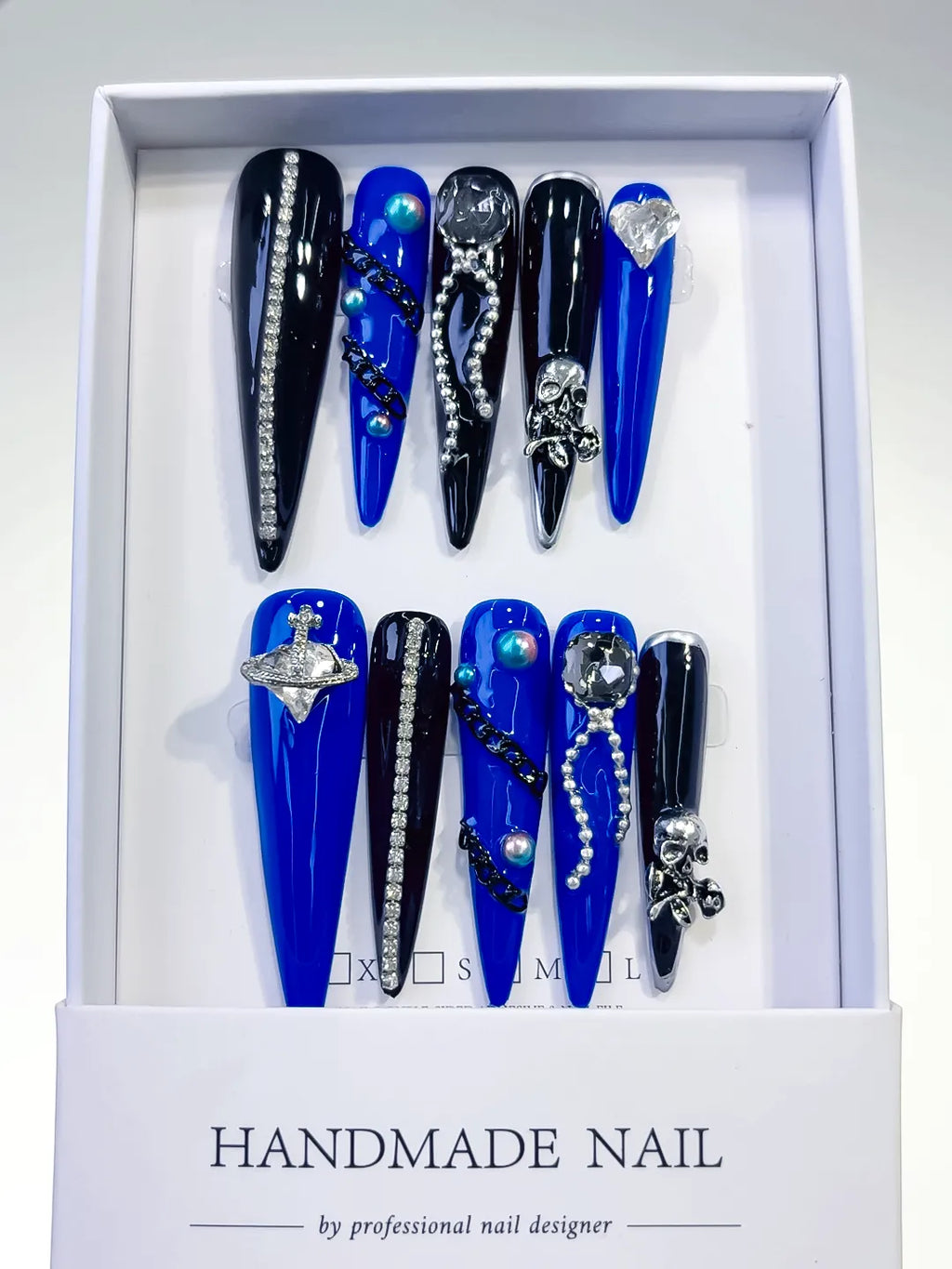 Blue Black Silver Solid color Planet Pearl Rhinestone Metallic Charm press on nails full set view