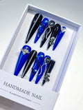 Blue Black Silver Solid color Planet Pearl Rhinestone Metallic Charm press on nails