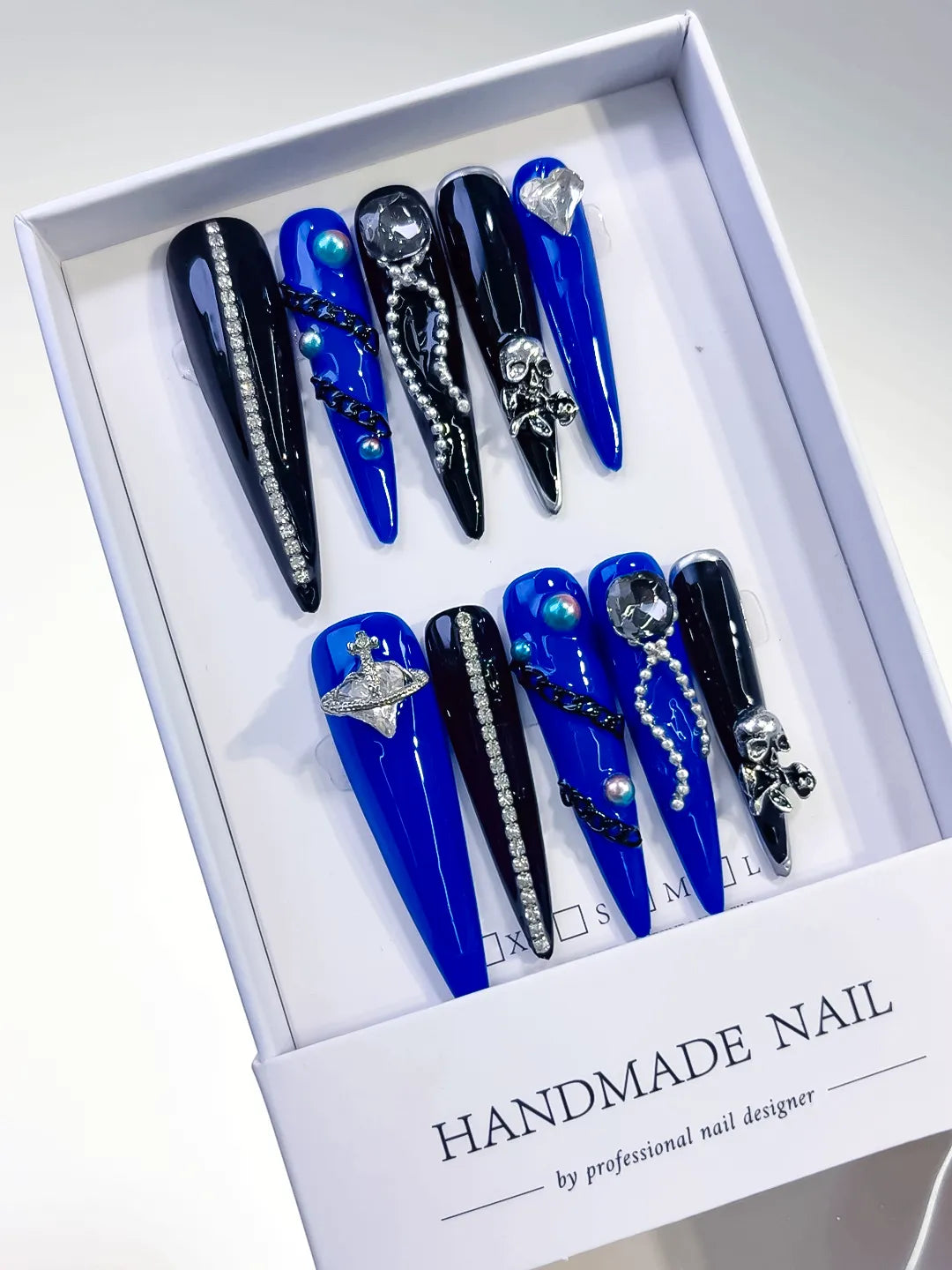Blue Black Silver Solid color Planet Pearl Rhinestone Metallic Charm press on nails angled view