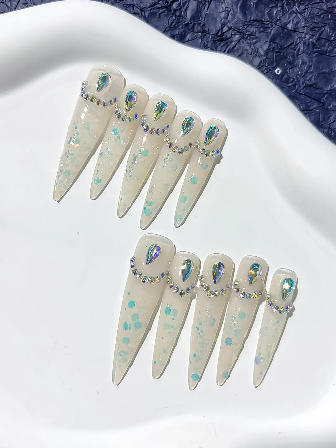 White Multicolor Silver Holographic Rhinestone press on nails close up