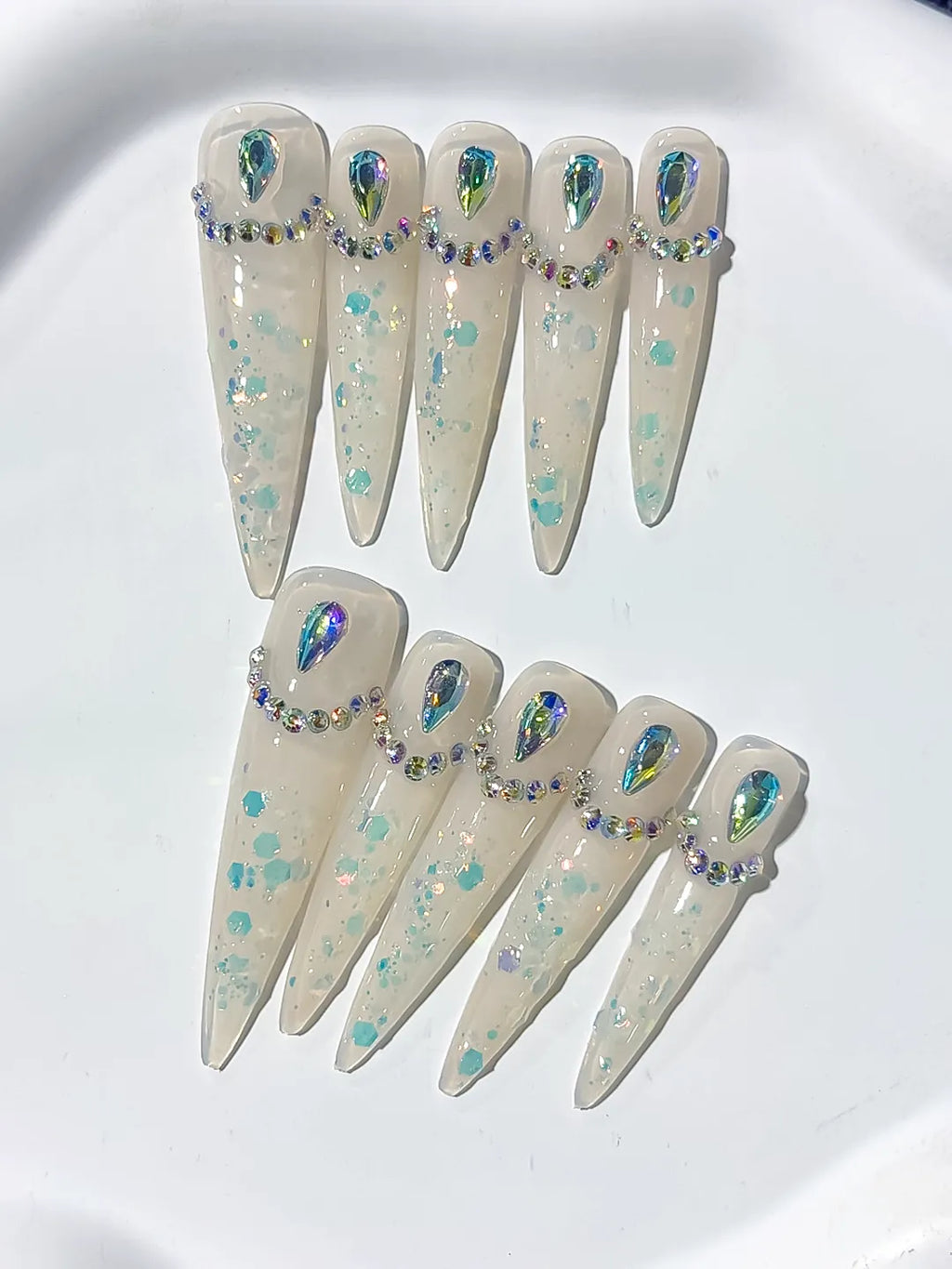 White Multicolor Silver Holographic Rhinestone press on nails detail view